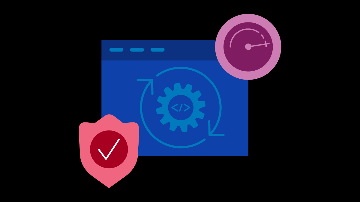 check mark with shield, gear in circle and throddle
