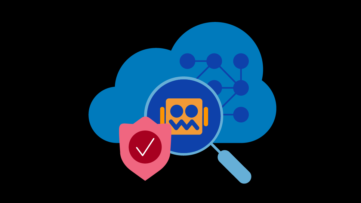 cloud with shield and robot face in a magnifying glass