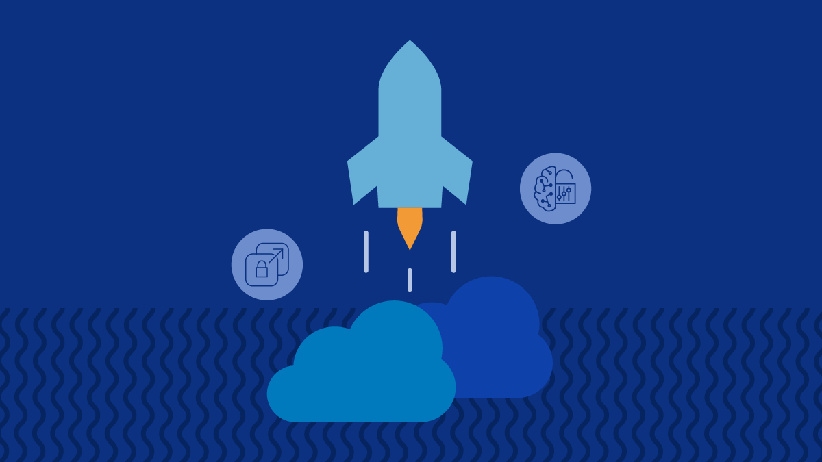 Rocketship flying out of clouds